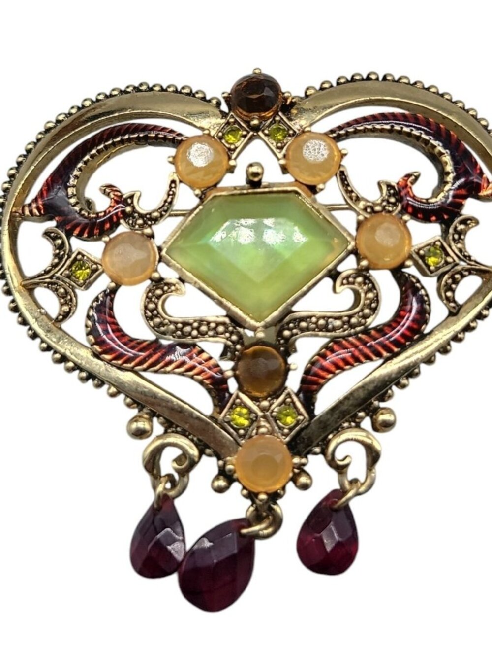 Gold Plated Enamel Heart Pin Green Chalcedony Dangle Glass Rhinestone Art Deco